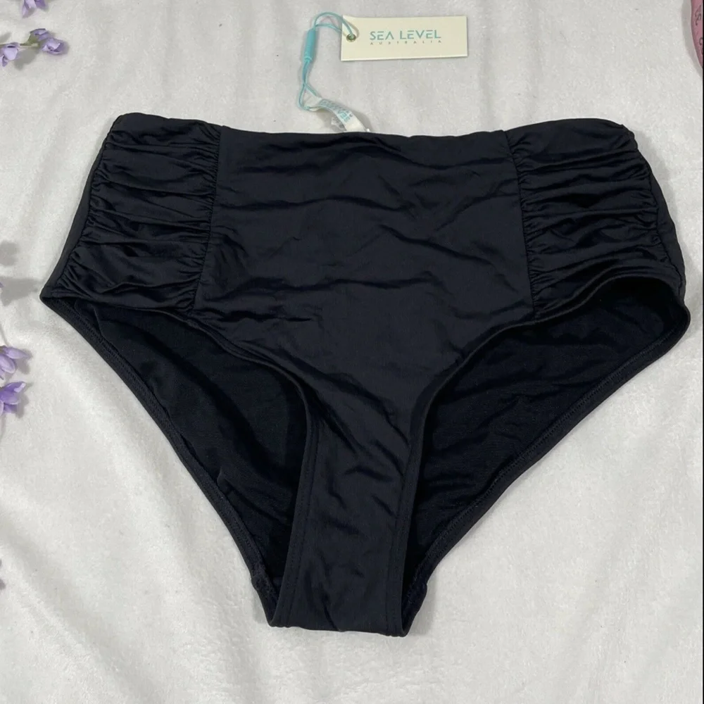 NWT Sea Level [ 8 US/ 12 UK] High Waist Gathered Side Bikini Bottoms‎ Black
